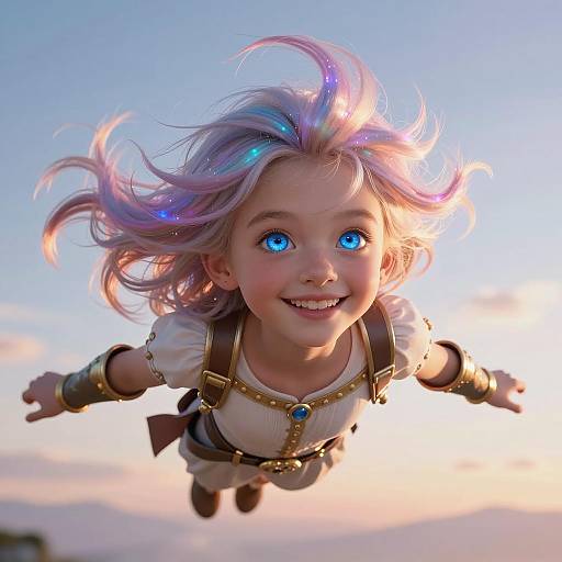 Joyful Young Girl Flying at Sunset