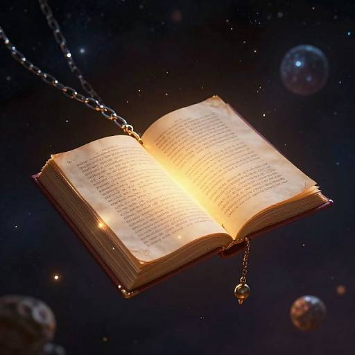 Glowing open book on a chain pendant floating in a dark, starry space with planets, illuminated by magical yellow light.