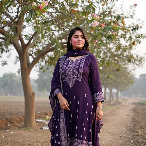 Photograph of a South Asian woman with dark hair, wearing a purple embroidered traditional kameez, standing under a flowering tree on a dusty path.