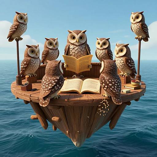 Digital illustration of six stylized owls with speckled brown and white feathers, sitting on a wooden floating island reading an open book against a bright