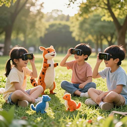 Photograph of four Asian children, three boys and one girl, sitting on grass in a sunlit park, wearing VR headsets, playing with stuffed