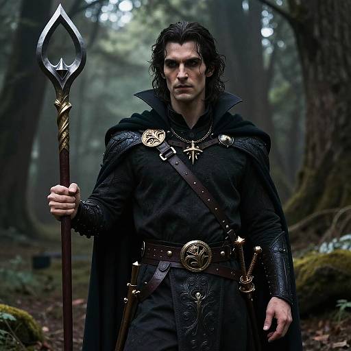 Photorealistic digital image of a dark-haired, serious-looking man in a black, ornate cloak and leather armor, holding a gold-tipped spear