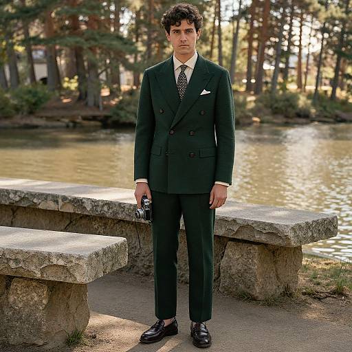 Photograph of a handsome, dark-haired man in a dark green double-breasted suit, white shirt, patterned tie, holding a camera, standing