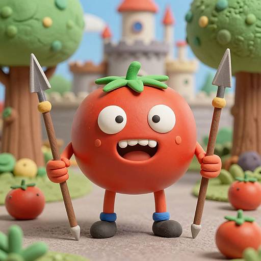 CGI cartoon tomato character with green leaf, wide eyes, sharp teeth, holding two spears, standing on a garden path with castle background.