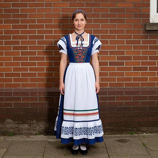 Photograph of a woman in a traditional blue and white embroidered dress with floral patterns, standing against a red brick wall.