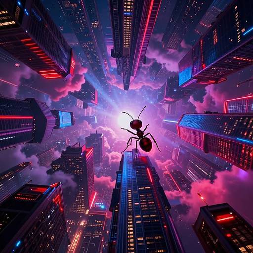 Digital artwork: A silhouetted giant spider descends from a vibrant, neon-lit, futuristic city skyline at sunset, surrounded by towering buildings