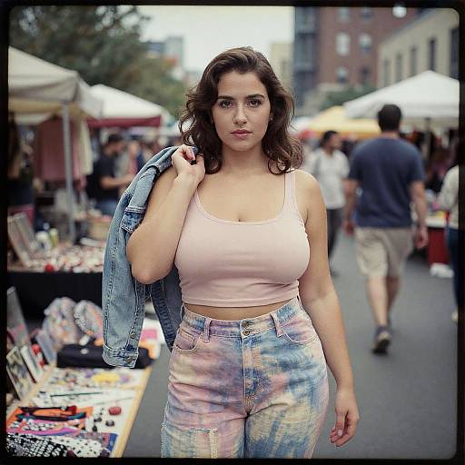 Photograph of a curvy, brunette woman with wavy hair, wearing a pink crop top and multicolored jeans, carrying a denim jacket,