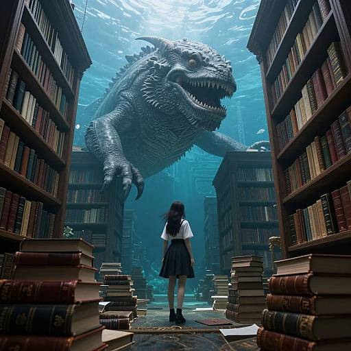 Leviathan in Surreal Underwater Library