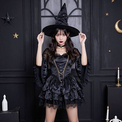 Photograph of an Asian woman in a black witch costume, lace dress, wide-brimmed hat, choker, and chain, posing in a