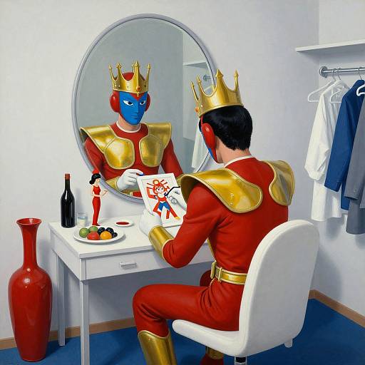 Digital art: A man in a red superhero costume with gold armor and crown sits at a white desk, facing a mirror, with fruit and a wine