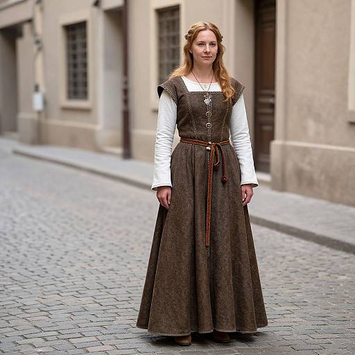 Photograph of a young woman with long red hair, wearing a medieval-style brown dress with white sleeves and brown belt, standing on a cobblestone
