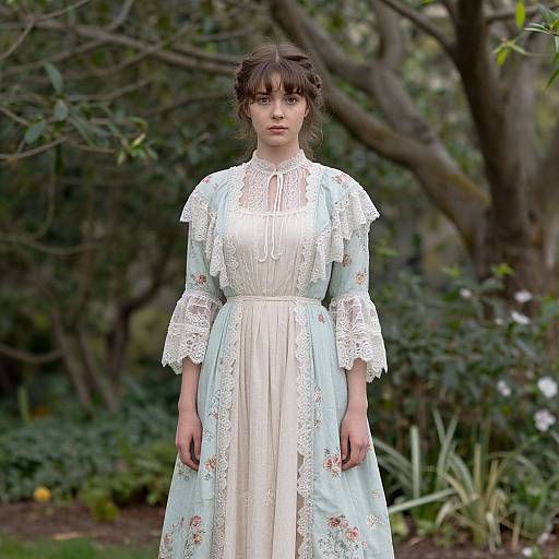 Photograph of a young woman with fair skin and brown hair in a white lace Victorian-style dress, standing in a lush, green garden.