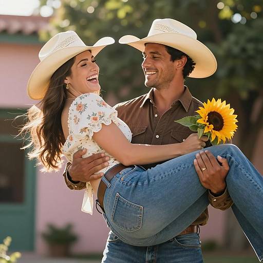 Joyful Outdoor Couple with Sunflowers