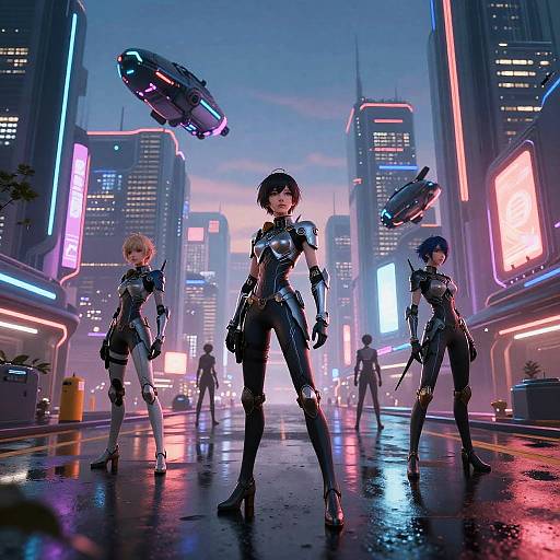 Cyberpunk cityscape at dusk, three women in black, futuristic armor standing confidently in the rain, floating hovercraft above, neon lights illuminating