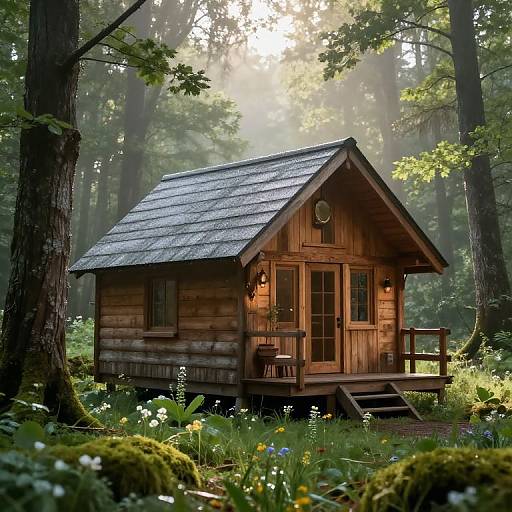 Photograph of a charming, rustic wooden cabin with a shingled roof, nestled in a sunlit forest, surrounded by lush greenery and wild