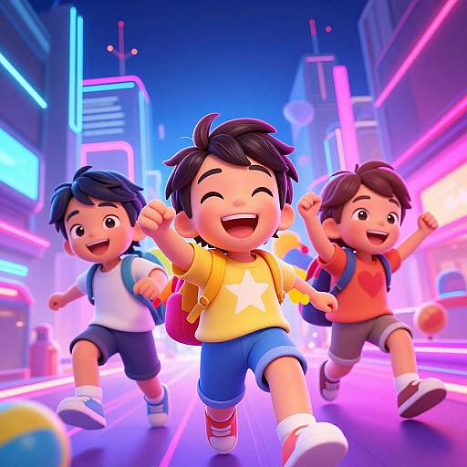 Anime Kids Laughing in Neon City