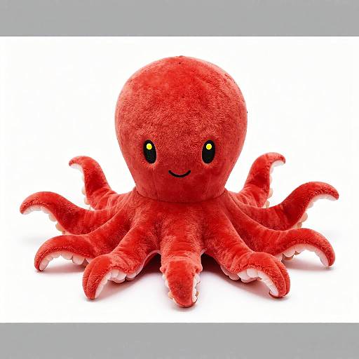 Photograph of a vibrant red, plush octopus with black eyes, smiling mouth, and eight curved tentacles, set against a white background.