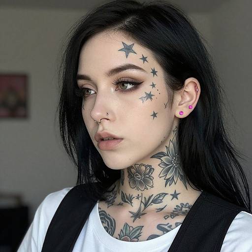 Photograph of a pale-skinned woman with black hair, nose ring, pink ear piercings, star and floral tattoos on face and neck,