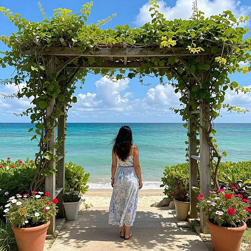 Photograph of a woman with long black hair in a white floral dress, standing under a wooden pergola with green vines, facing a turquoise ocean,