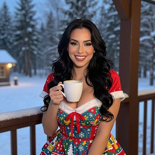 Photograph of a smiling woman with long black hair, wearing a festive, Christmas-themed dress, holding a white mug on a snowy wooden balcony with snow