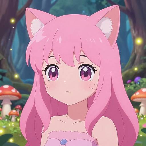 Anime-style digital illustration of a pink-haired girl with cat ears, big pink eyes, and a pink strapless top, set in a magical forest with