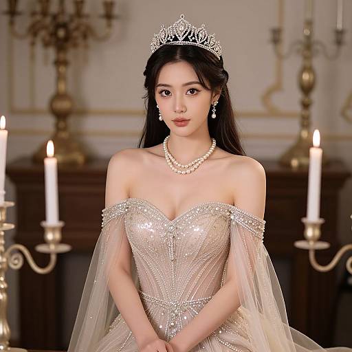Photograph of an East Asian woman with long black hair, wearing a sparkling off-shoulder gown, tiara, pearl necklace, and earrings,
