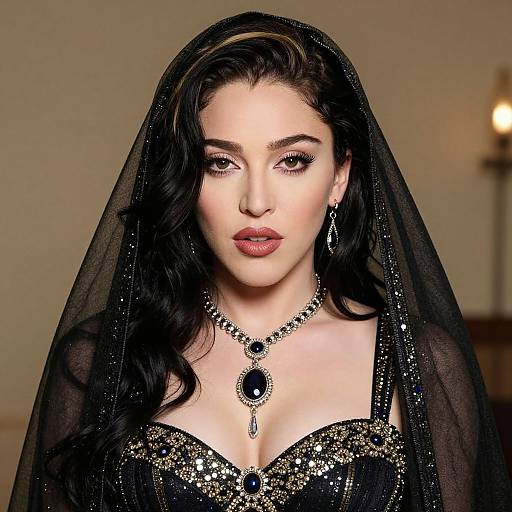 Photograph of a beautiful woman with pale skin and dark hair, wearing a black veil, sequined black dress, and black necklace with a large oval