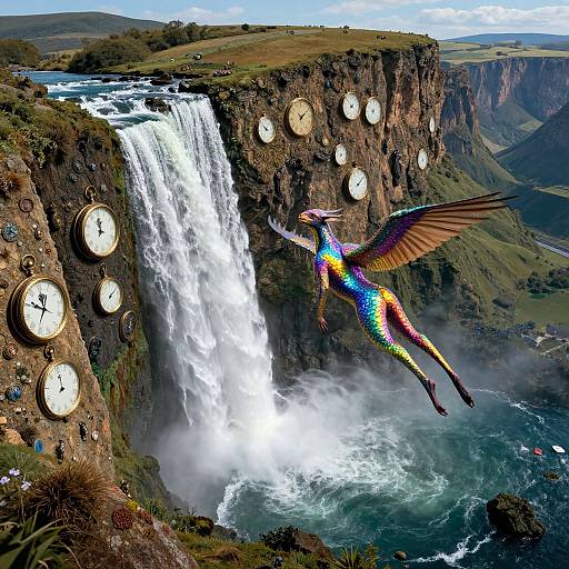 Fantastical digital artwork of a rainbow-scaled dragon mid-flight over a waterfall, surrounded by clock faces on cliffside. Mist rises, green hills