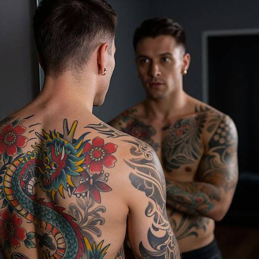 Photograph of a muscular, tattooed man with dark hair, facing a mirror, showcasing colorful dragon and flower tattoos on his back and chest, in