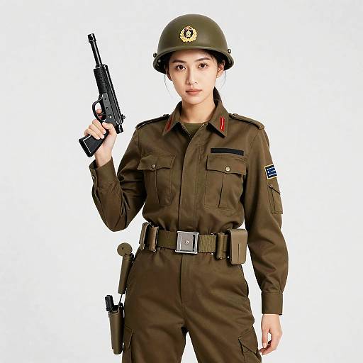 Woman in Military Uniform with Gun