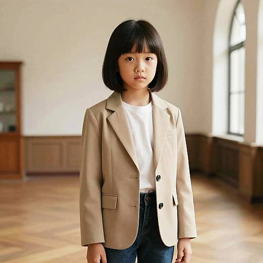 Photograph of an Asian girl with straight black bob haircut, wearing a beige blazer, white shirt, and blue jeans, standing in a sunlit