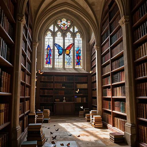 Photograph of a sunlit, Gothic library with tall arched windows, stained glass featuring colorful butterflies, and rows of wooden bookshelves.
