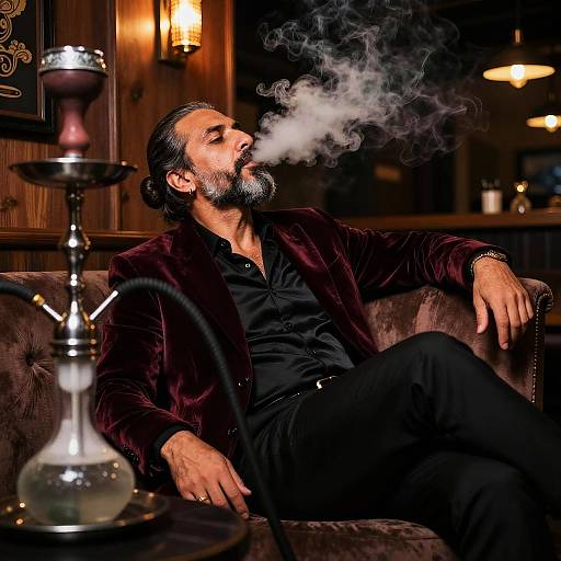 Mature Man Lounging in Stylish Hookah Bar