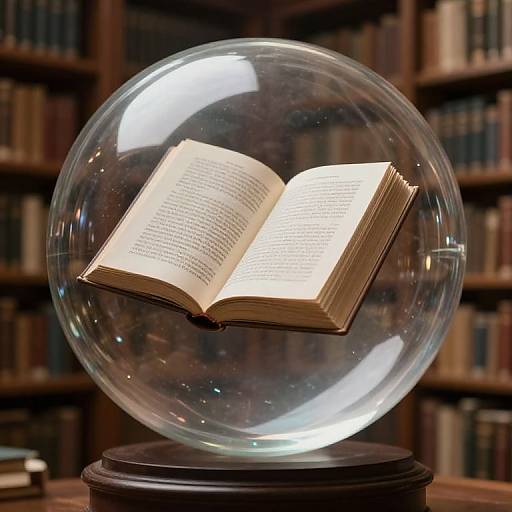 Glass dome encasing an open book with text, displayed on a wooden pedestal in a library with bookshelves in background.