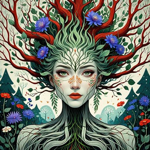 Anthropomorphic Tree Woman with Floral Hair