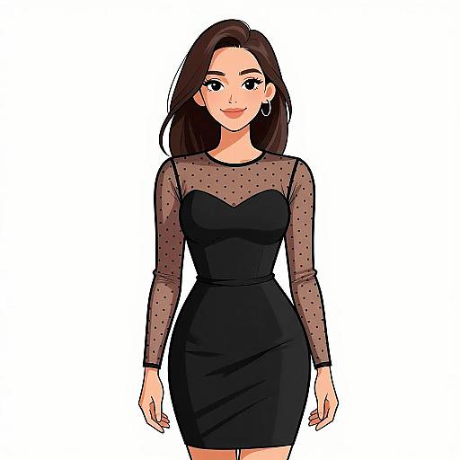 Digital illustration of a young woman with long brown hair, fair skin, and blue eyes, wearing a black, sheer polka-dotted dress with long