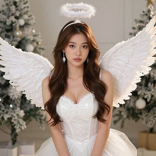 Photograph of an East Asian woman with long brown hair, wearing a white angel dress, halo, and wings, standing in front of Christmas trees.