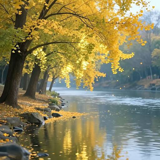 Photograph of a serene autumn river, reflecting golden-yellow leaves from trees lining the left bank, with sunlight filtering through.