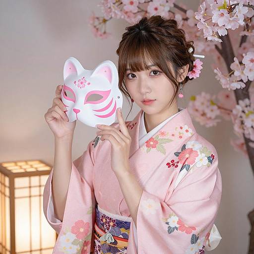 Elegant Young Woman in Floral Kimono