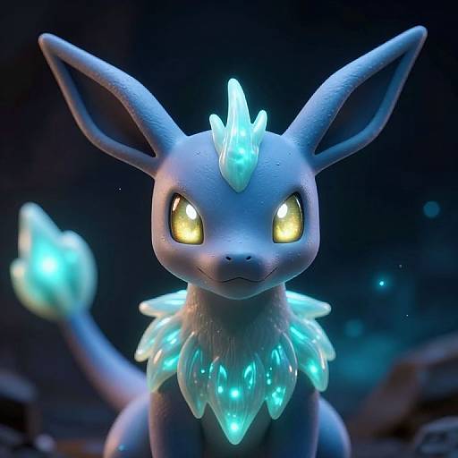 CGI-rendered Glaceon Pokémon with glowing blue ice crystals on head and neck, large yellow eyes, and dark blue fur, set against a