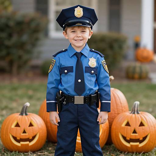 Photograph of a smiling young boy in a blue police uniform, standing in front of carved pumpkins on a grassy lawn.