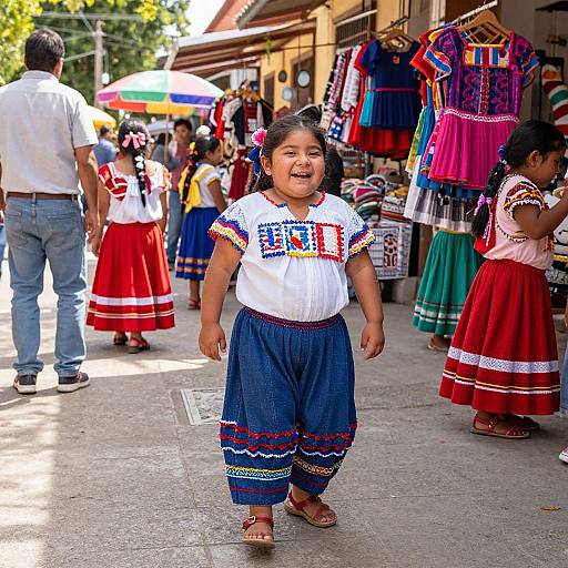 Photograph of a smiling young girl in traditional Mexican clothing with blue pants and a white top, standing in a bustling street market with colorful dresses and people