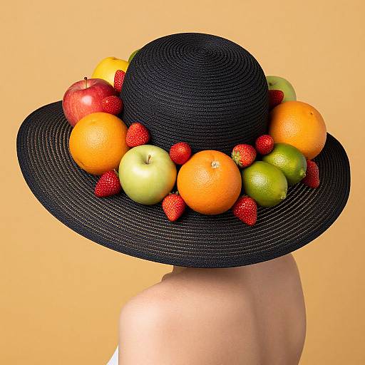 Woman with Fruit-Adorned Wide-Brim Hat