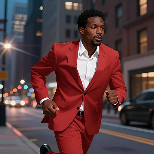 African-American Man Running in Red Suit at Night