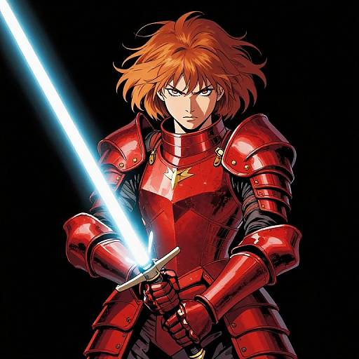 Digital anime-style drawing of a fierce, red-haired knight in shiny red armor, gripping a glowing blue sword, with intense expression.