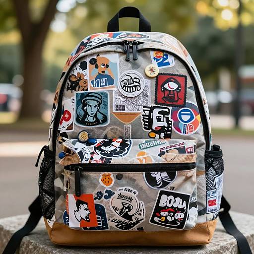 Photograph of a colorful, graffiti-style backpack adorned with various stickers, including portraits, logos, and text, set outdoors on a sunny day.