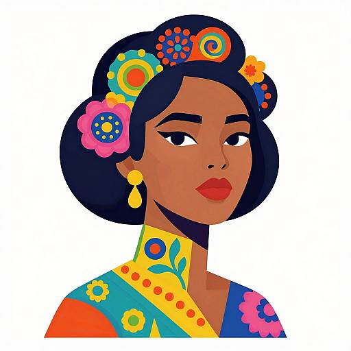 Digital illustration of a dark-skinned woman with short black hair adorned with colorful flowers, wearing a vibrant, patterned yellow and blue top, and yellow