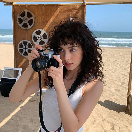 Photograph of a curly-haired woman with fair skin, wearing a white tank top, holding a Canon camera on a sunny beach. Background includes a wooden