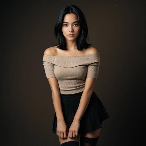 Young Woman in Off-Shoulder Top and Black Skirt