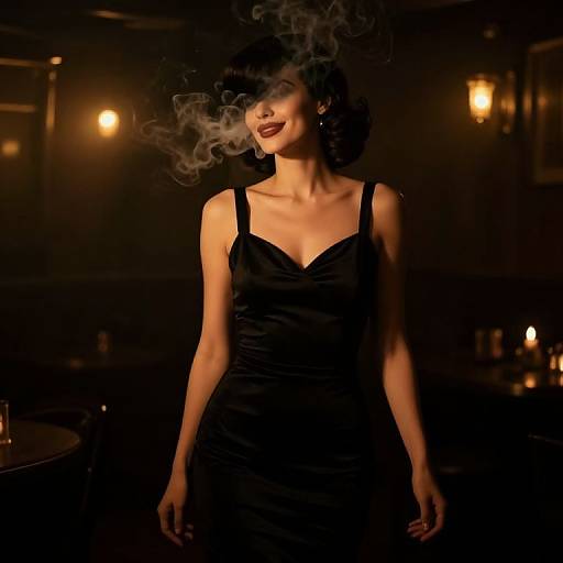 Photograph of a smoky, dark-haired woman in a black, sleeveless dress, standing in a dimly lit, warm-toned bar.